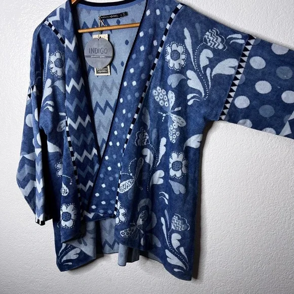 Gudrun Sjoden Indigo Dragonfly Organic Cotton Cardigan Blue Patterned Large NWT - Picture 3 of 9